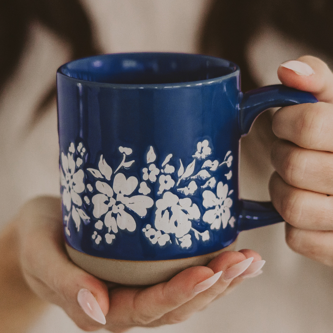 Blue Floral Stoneware Coffee Mug - Front