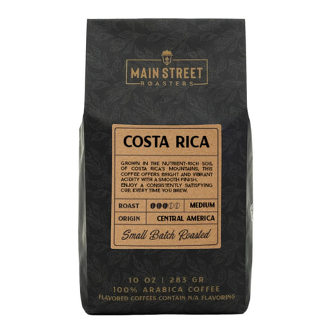 Coffee bag from Main Street Roasters with details about Costa Rica coffee