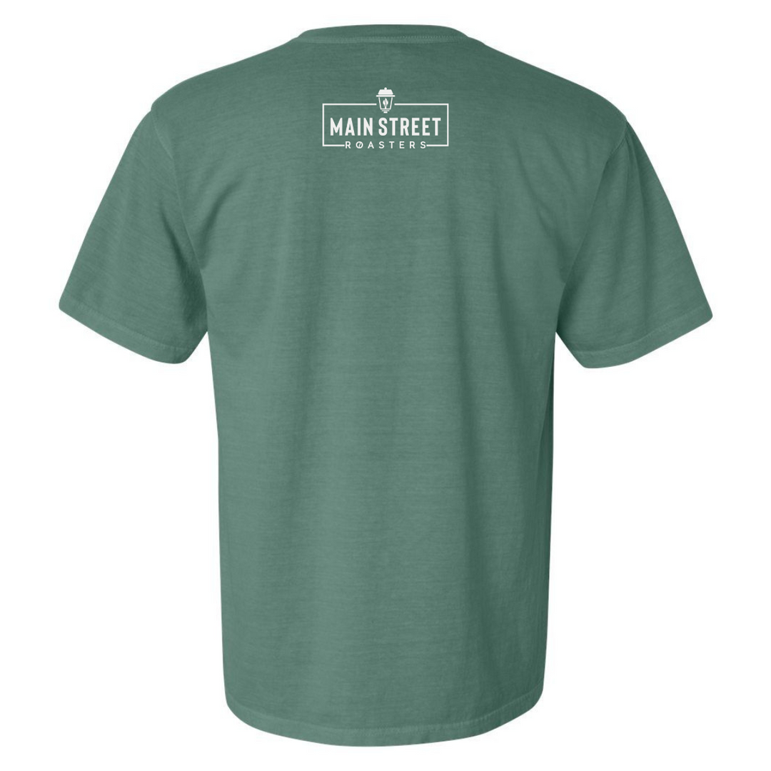 Cozy Coffee Break Tee Green - Back | Comfort Colors - Main Street Roasters