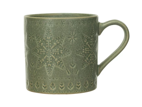 Debossed Green Holiday Mugs - Green Star Pattern - Main Street Roasters