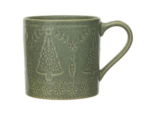 Debossed Green Holiday Mugs - Green Tree Pattern - Main Street Roasters