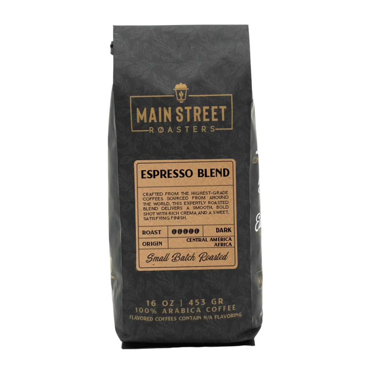 Main Street Roasters Espresso Blend dark roast coffee in black branded bag