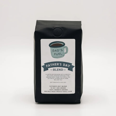 Black coffee bag labeled 'Father's Day Blend' with a graphic of a mug on a white background
