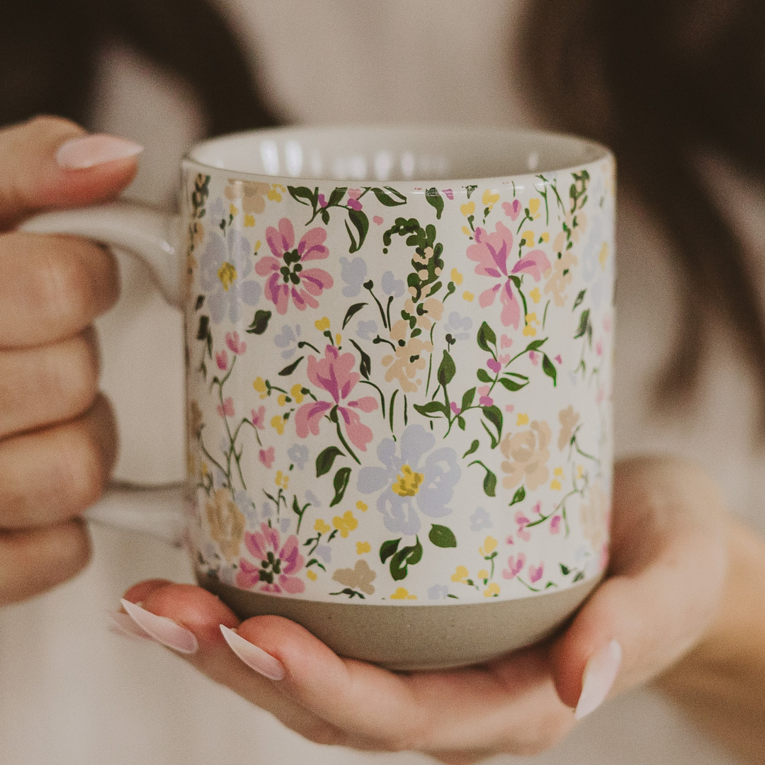 Floral Stoneware Coffee Mug In Hand