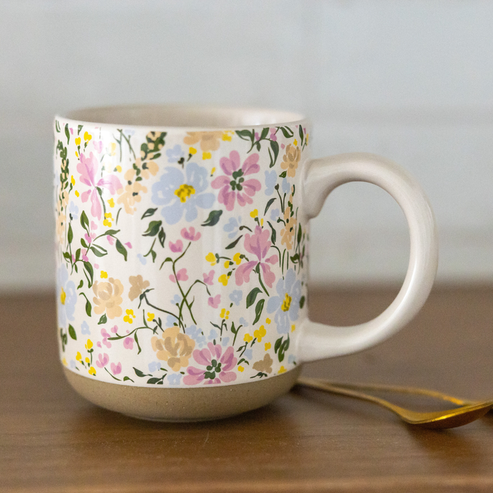 Floral Stoneware Coffee Mug - On Table