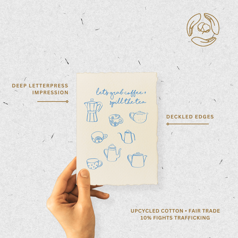 Grab Coffee + Spill Tea Greeting Card Info - Paper Baristas
