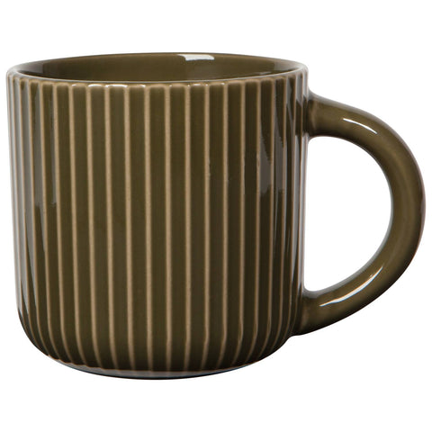 Brown ceramic mug with vertical stripes on a white background