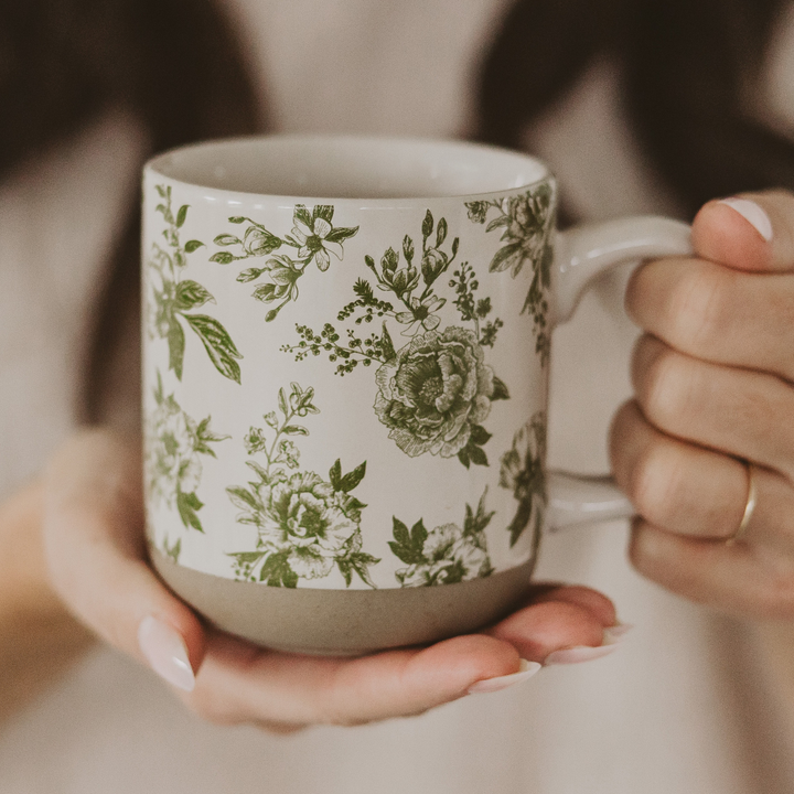 Green Delft Stoneware Coffee Mug - In Hand