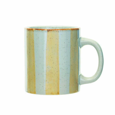 A ceramic mug with a speckled light blue and beige vertical striped pattern, featuring a rustic brown rim and a C-shaped handle, shown on a plain white background.