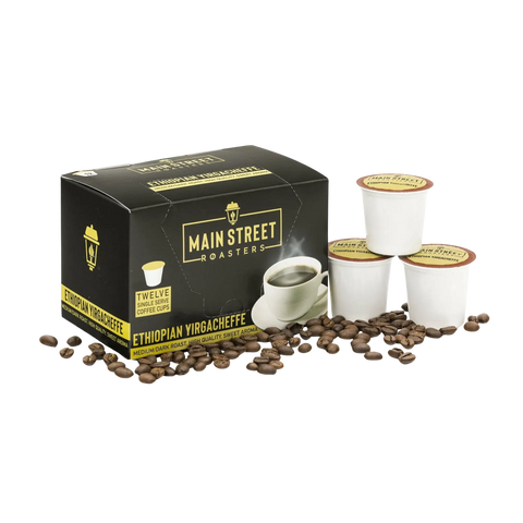 Mainstreet Roasters Ethiopian Yirgacheffe K-Cup Compatible coffee pods with branded box and pod cups
