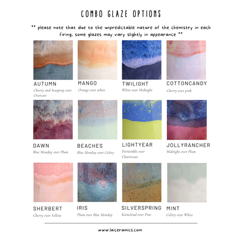 Chart of combo glaze options with color swatches and names