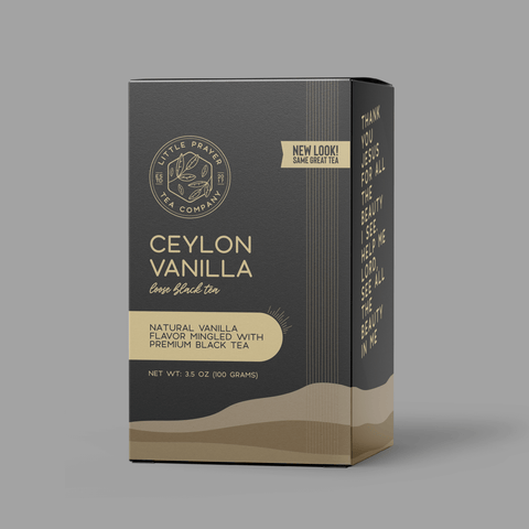 Little Prayer Tea Company Ceylon Vanilla tea box with branding on a gray background