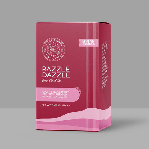Little Prayer Tea Company Tea box with 'Razzle Dazzle' branding on a gray background