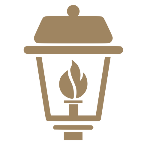 Beige icon of a traditional outdoor lamp with a flame design