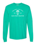 Main Street Roasters’ Anniversary Long-Sleeve Shirt in Teal with White Text and Logo on a White Background