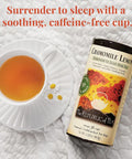 Chamomile lemon tea by Republic of Tea packaging with a cup of tea on a textured white background