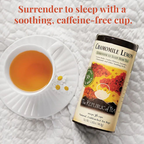 Chamomile lemon tea by Republic of Tea packaging with a cup of tea on a textured white background