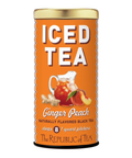 Canister of 'Ginger Peach' iced tea from The Republic of Tea on an orange background