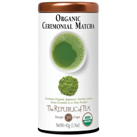 Canister of Organic Ceremonial Matcha from The Republic of Tea on a white background
