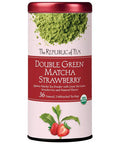 Tea canister labeled 'Double Green Matcha Strawberry' by The Republic of Tea on a white background.
