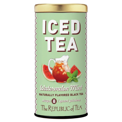 Canister of 'ICED TEA Watermelon Mint' from The Republic of Tea on a white background