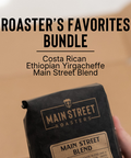 Main Street Roasters coffee package with 'Roaster's Favorites Bundle' text on a brown background