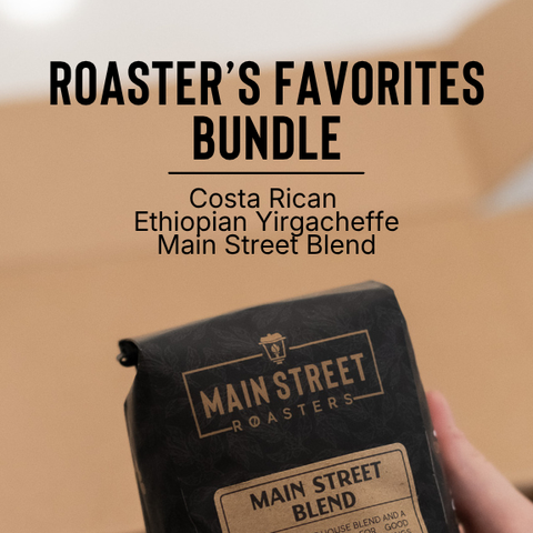 Main Street Roasters coffee package with 'Roaster's Favorites Bundle' text on a brown background
