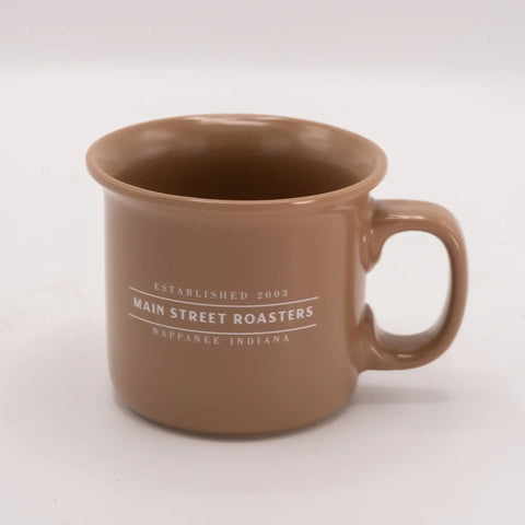 Main Street Roasters brown ceramic coffee terra cotta mug with logo