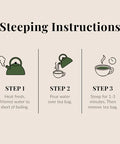 Steeping instructions for tea with step-by-step icons and text on a beige background