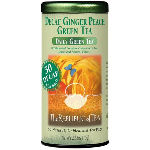 Decaf Ginger Peach Green Tea canister by The Republic of Tea on a white background