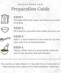 Matcha preparation guide with step-by-step instructions and icons on a white background