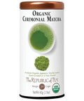 Canister of Organic Ceremonial Matcha from The Republic of Tea on a white background