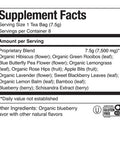 Supplement facts label for a tea product with ingredients listed.