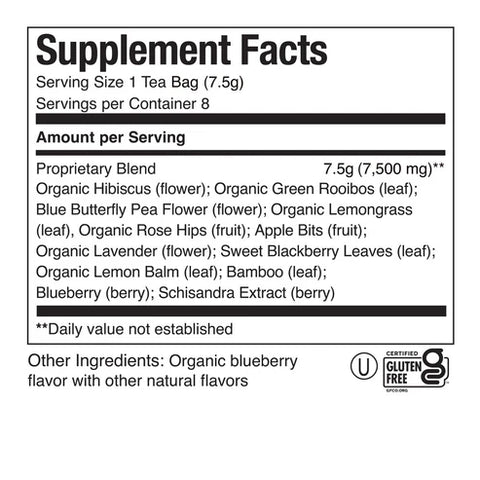 Supplement facts label for a tea product with ingredients listed.
