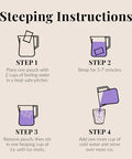Steeping instructions for a product with illustrations and text on a beige background