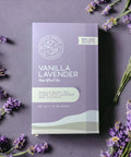 Little Prayer Tea Company Vanilla Lavender tea package with lavender flowers on a dark background