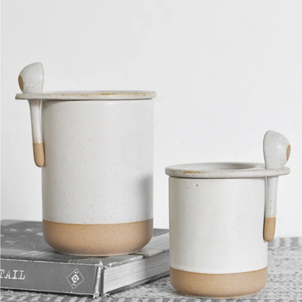 White Canisters with Spoons | Set of 2 - Main Street Roasters