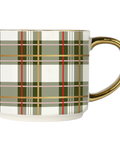 Mug with plaid pattern and gold handle on a white background