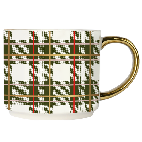 Mug with plaid pattern and gold handle on a white background