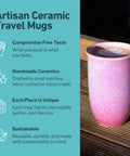Artisan ceramic travel mug with text highlighting features on a teal background