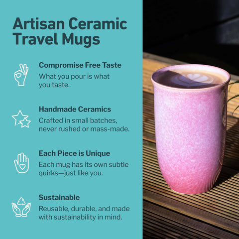 Artisan ceramic travel mug with text highlighting features on a teal background