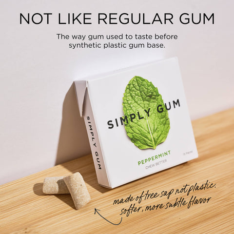 Box of Simply Gum with a mint leaf on a wooden surface