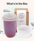 Novaceramics portable ceramic cup with BPA-free silicone lid and sleeve, shown with packaging.