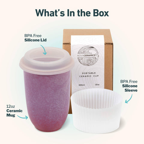 Novaceramics portable ceramic cup with BPA-free silicone lid and sleeve, shown with packaging.