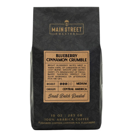Coffee bag from Main Street Roasters with blueberry cinnamon crumble flavor description.