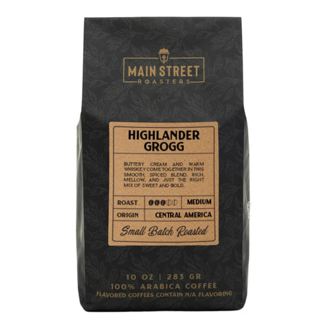 Coffee bag from Main Street Roasters with 'Highlander Grogg' flavor description on a white background