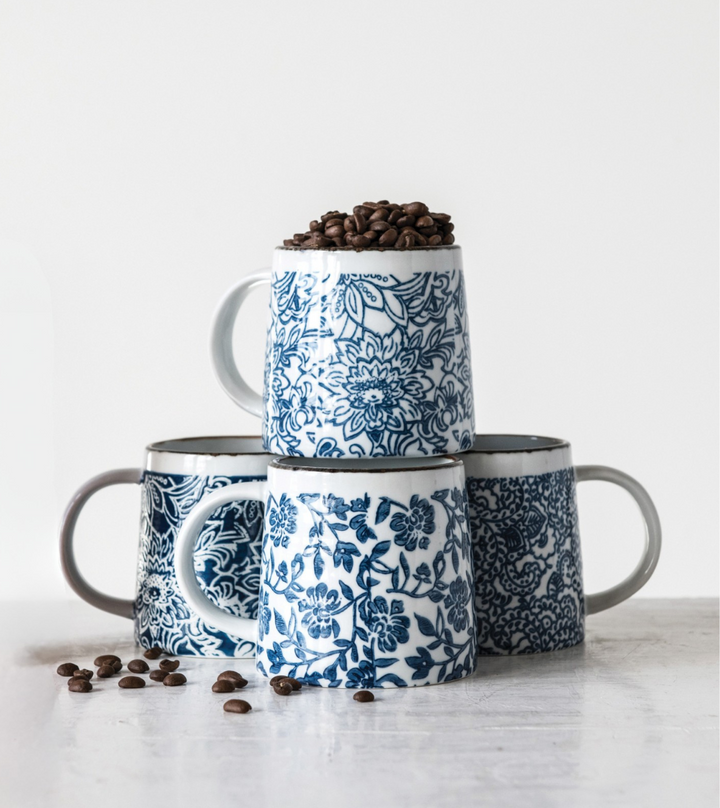 Blue Hand-Stamped Floral Mugs