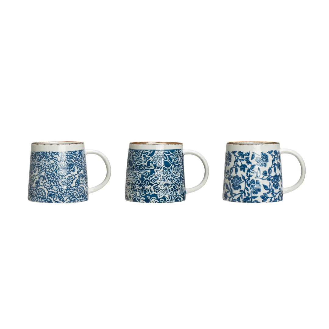 Blue Hand-Stamped Floral Mugs