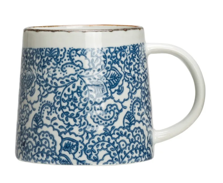 Blue Hand-Stamped Floral Mugs