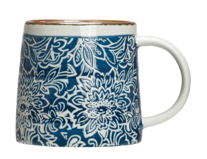 Blue Hand-Stamped Floral Mugs